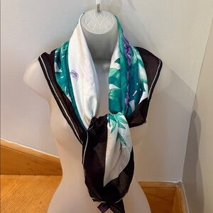 Liz Sinclair Tropical Floral Print Scarf with Green and Purple Accents. Rayon.